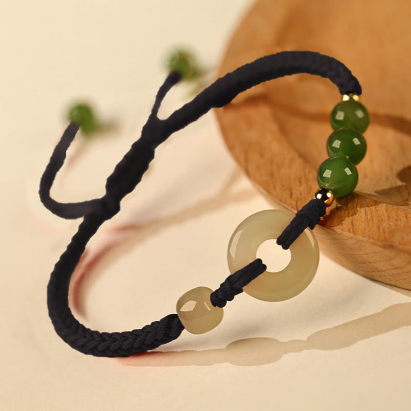 Wear FengShui Natural Hetian Jade Peace Buckle Red String Protection Luck Bracelet