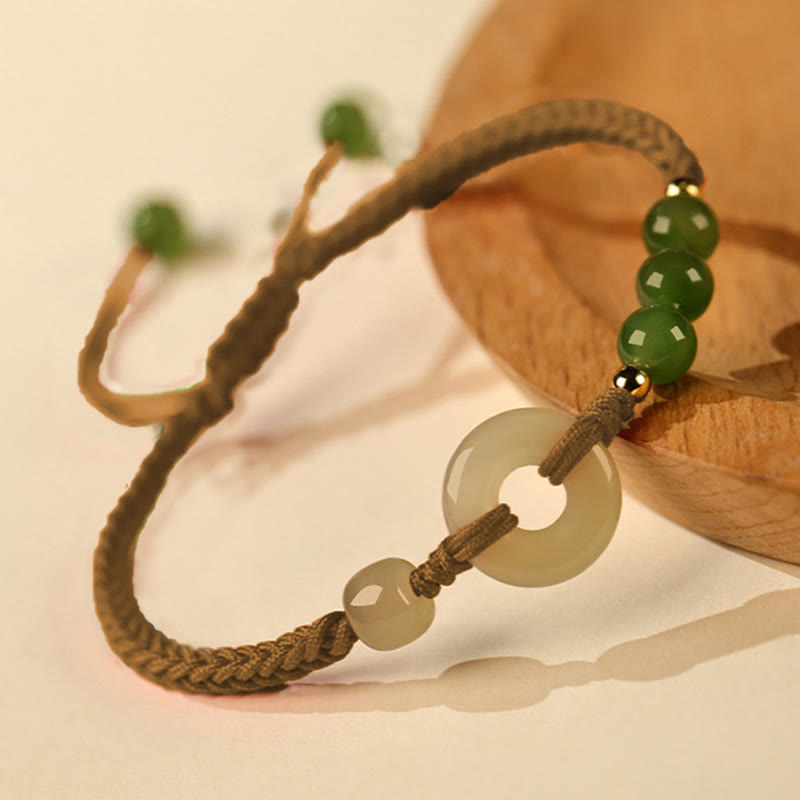 Wear FengShui Natural Hetian Jade Peace Buckle Red String Protection Luck Bracelet