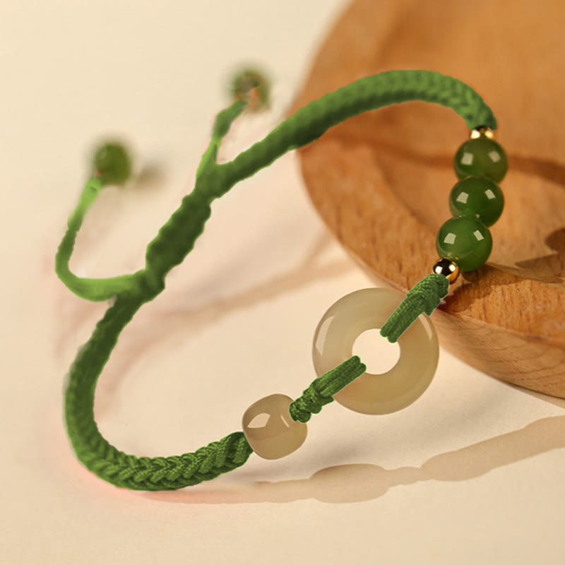 Wear FengShui Natural Hetian Jade Peace Buckle Red String Protection Luck Bracelet