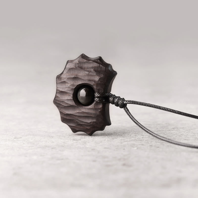 Wear FengShui Ebony Wood Obsidian Irregular Shape Peace Calm Necklace Pendant