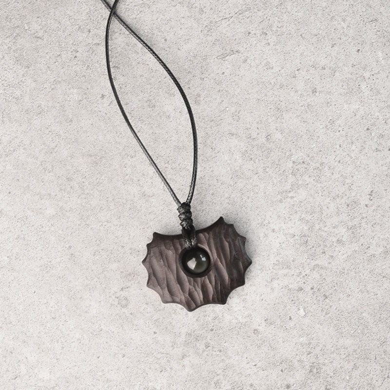 Wear FengShui Ebony Wood Obsidian Irregular Shape Peace Calm Necklace Pendant