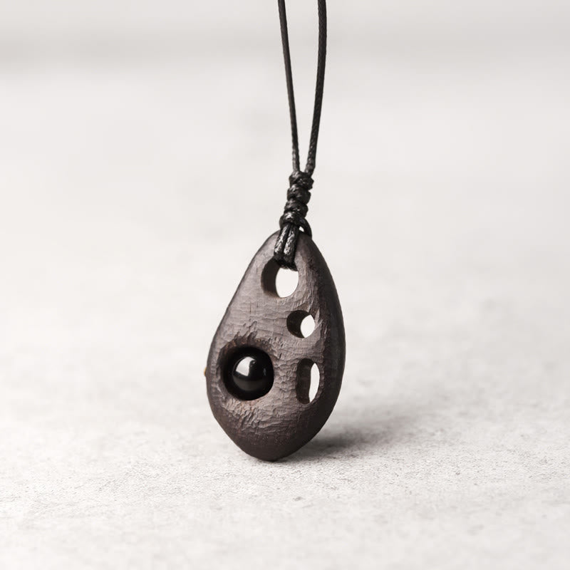 Wear FengShui Ebony Wood Hollow Inlaid Obsidian Peace Calm Necklace Pendant