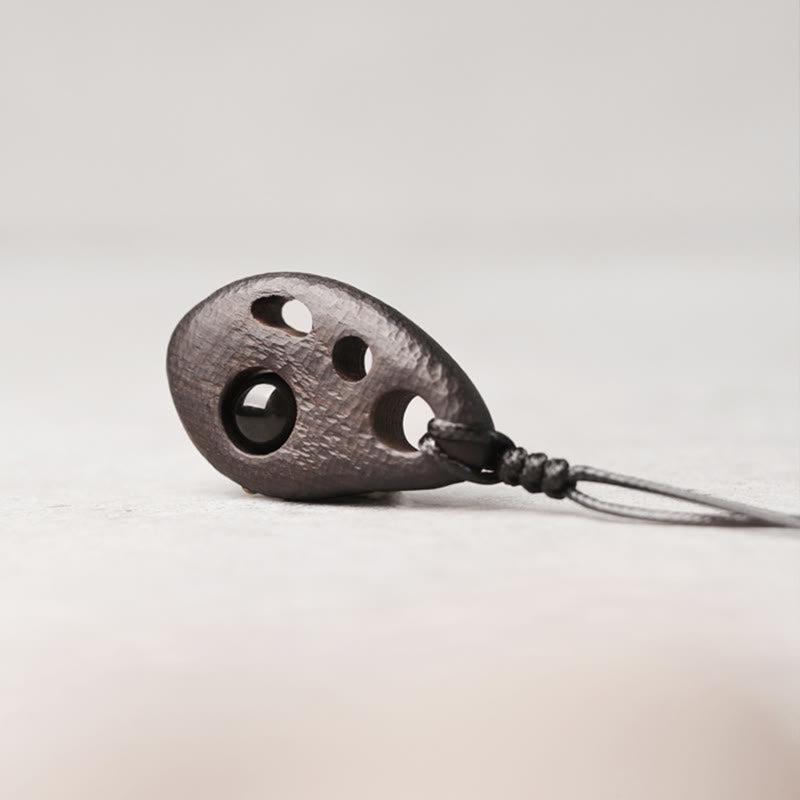 Wear FengShui Ebony Wood Hollow Inlaid Obsidian Peace Calm Necklace Pendant
