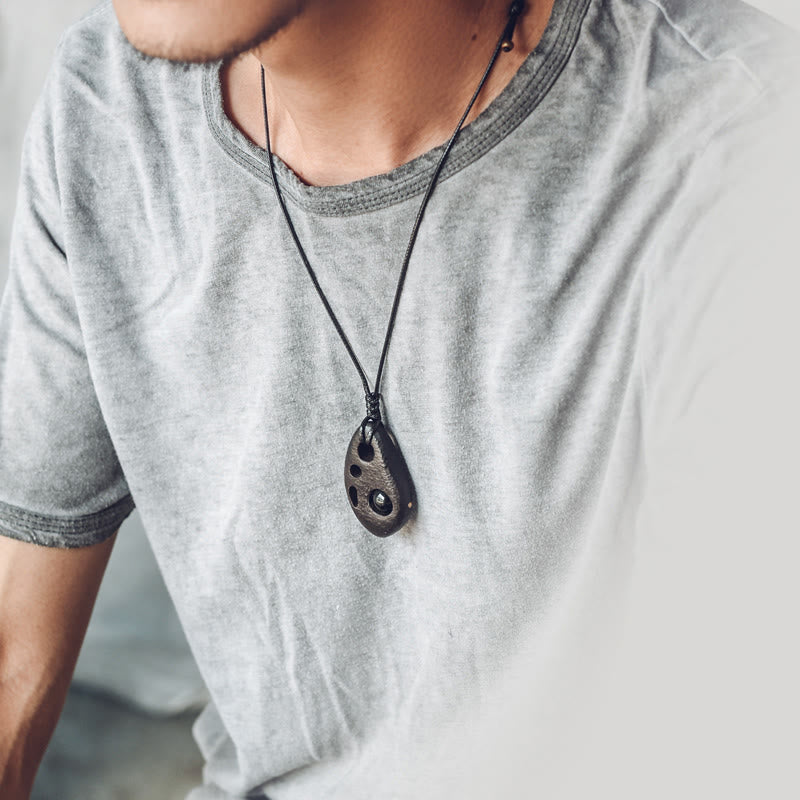 Wear FengShui Ebony Wood Hollow Inlaid Obsidian Peace Calm Necklace Pendant