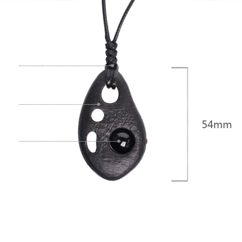 Wear FengShui Ebony Wood Hollow Inlaid Obsidian Peace Calm Necklace Pendant