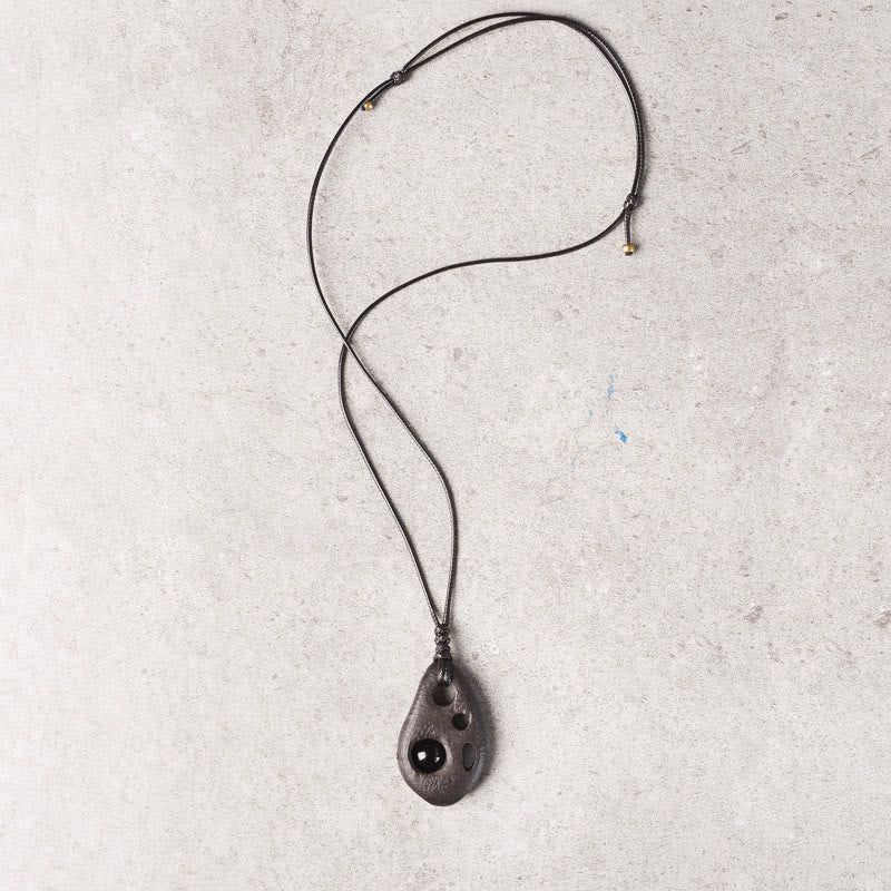 Wear FengShui Ebony Wood Hollow Inlaid Obsidian Peace Calm Necklace Pendant