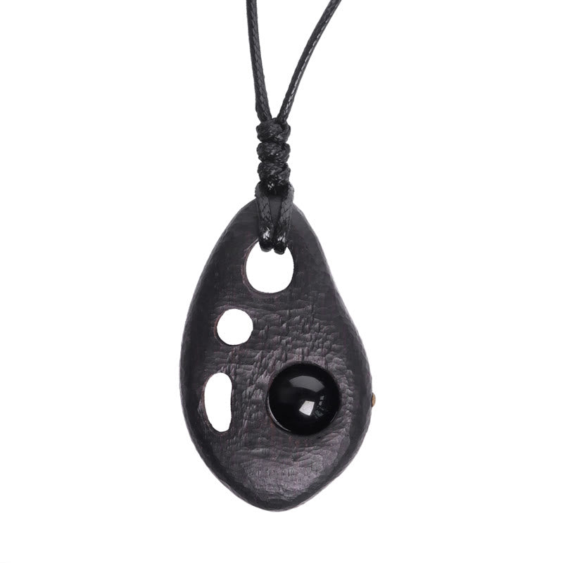 Wear FengShui Ebony Wood Hollow Inlaid Obsidian Peace Calm Necklace Pendant