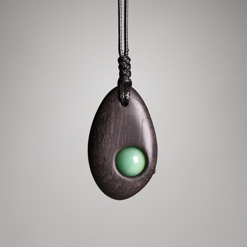 Wear FengShui Ebony Wood Green Aventurine Peace Calm Necklace Pendant