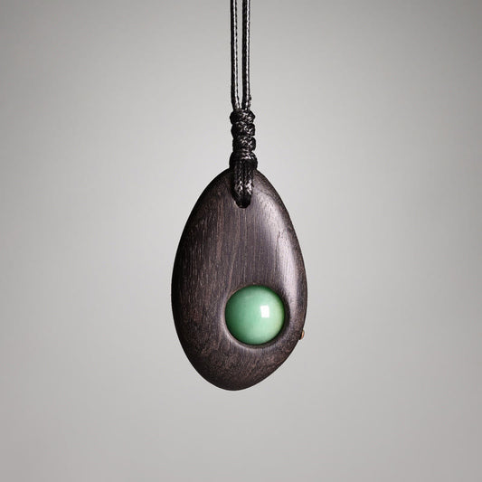 Wear FengShui Ebony Wood Green Aventurine Peace Calm Necklace Pendant