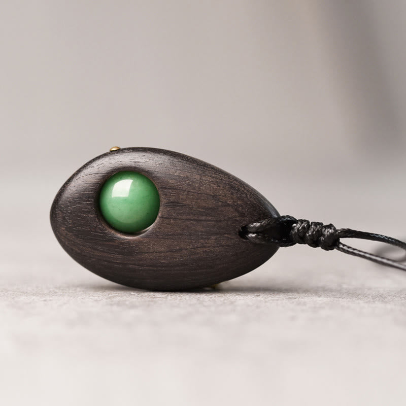 Wear FengShui Ebony Wood Green Aventurine Peace Calm Necklace Pendant