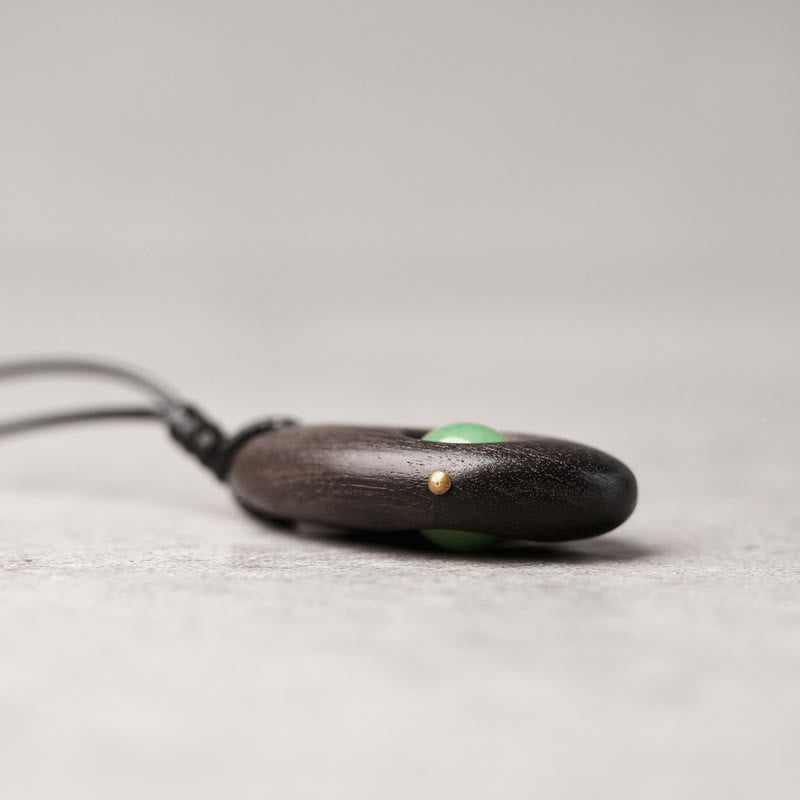 Wear FengShui Ebony Wood Green Aventurine Peace Calm Necklace Pendant