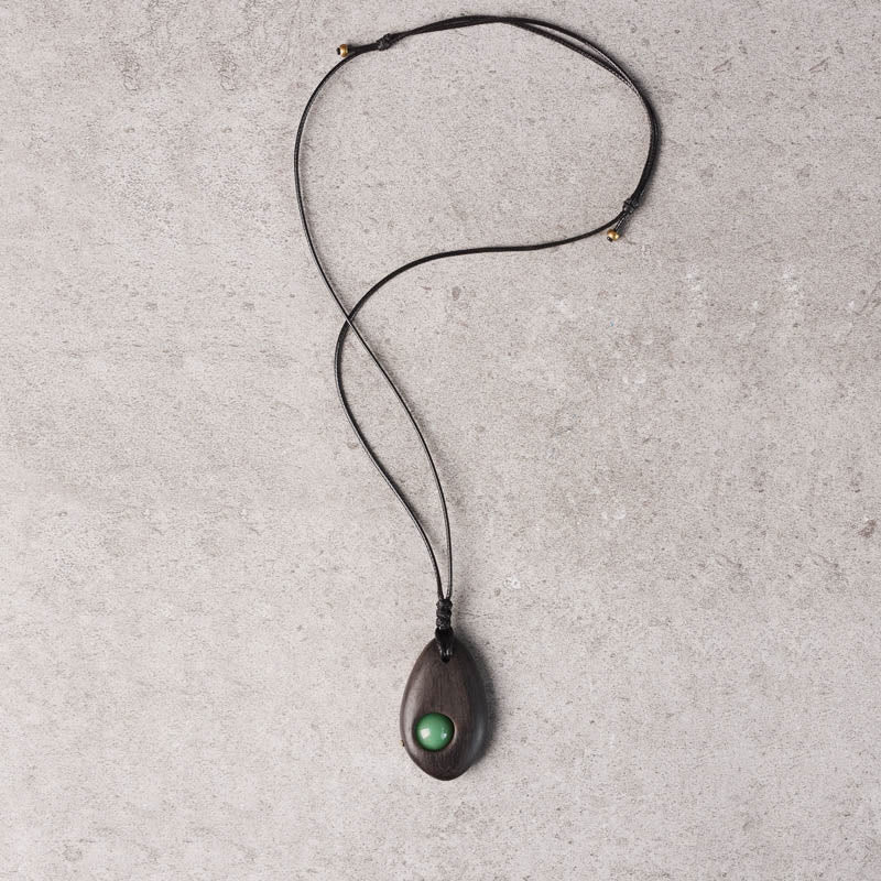 Wear FengShui Ebony Wood Green Aventurine Peace Calm Necklace Pendant