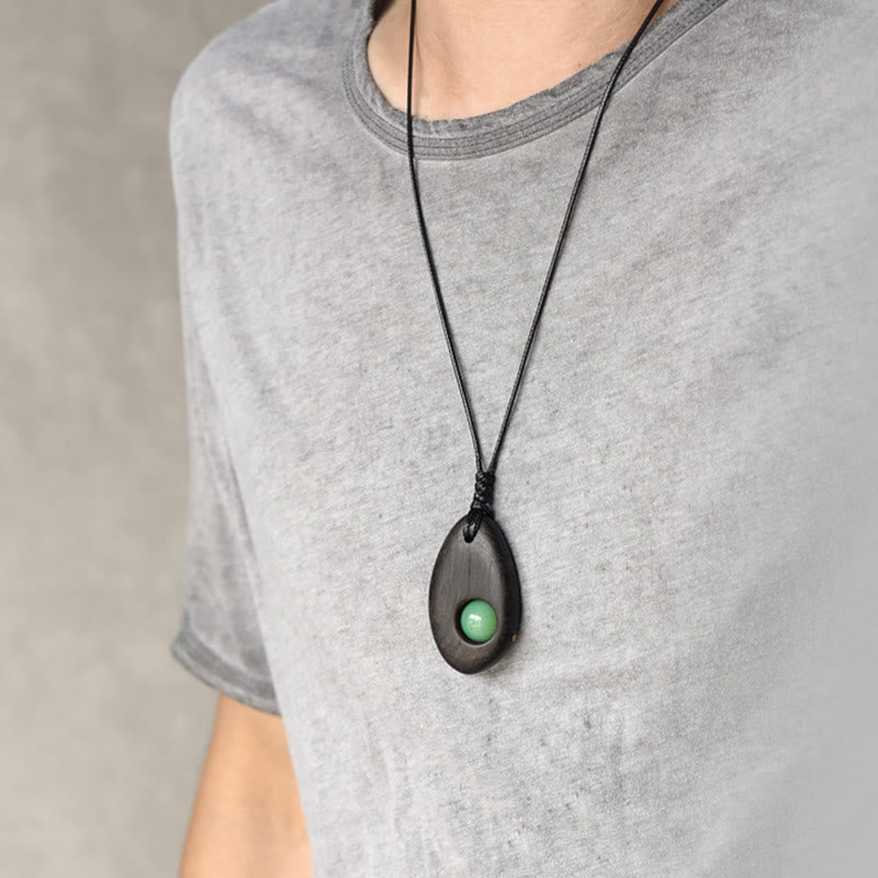 Wear FengShui Ebony Wood Green Aventurine Peace Calm Necklace Pendant