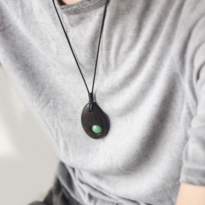 Wear FengShui Ebony Wood Green Aventurine Peace Calm Necklace Pendant