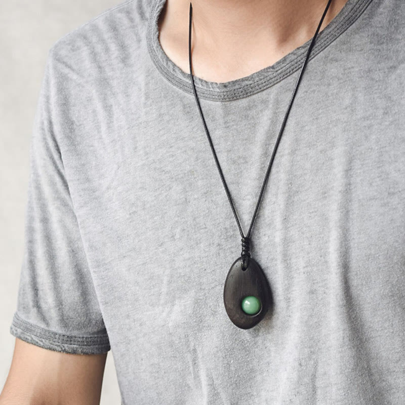 Wear FengShui Ebony Wood Green Aventurine Peace Calm Necklace Pendant