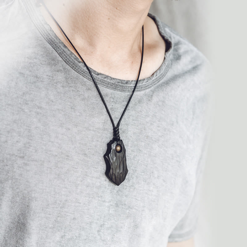 Wear FengShui Ebony Wood Irregular Shape Copper Bead Peace Calm Necklace Pendant