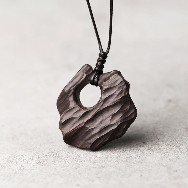 Wear FengShui Ebony Wood Hollow Irregular Shape Peace Balance Necklace Pendant