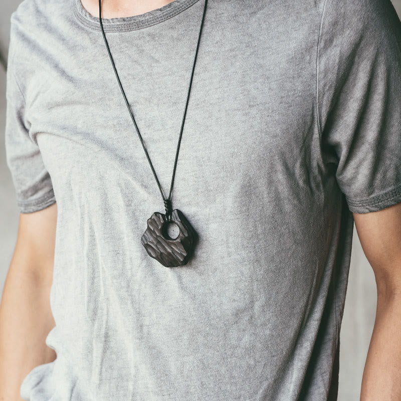 Wear FengShui Ebony Wood Hollow Irregular Shape Peace Balance Necklace Pendant