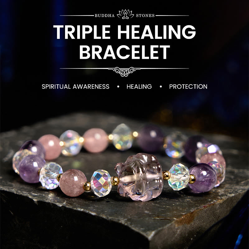 Wear FengShui Amethyst Strawberry Quartz White Crystal Nine Tailed Fox Meditation Bracelet