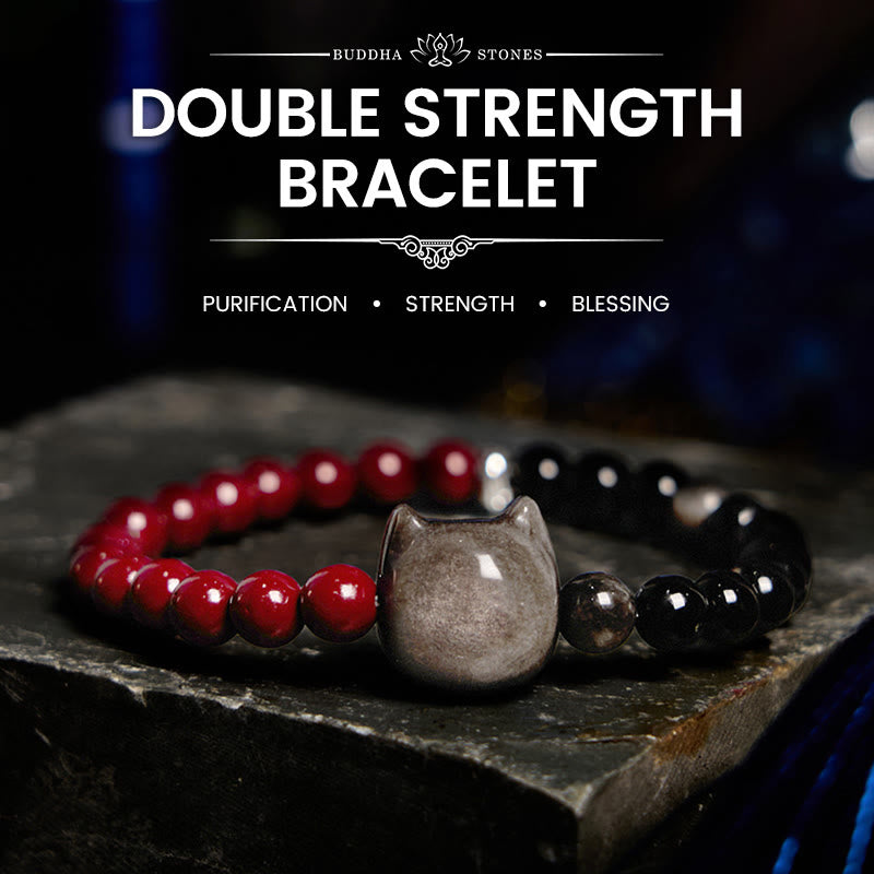Wear FengShui Black Obsidian Cinnabar Silver Sheen Obsidian Cat Fulfilment Bracelet