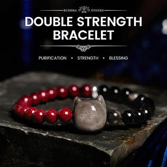 Wear FengShui Black Obsidian Cinnabar Silver Sheen Obsidian Cat Fulfilment Bracelet