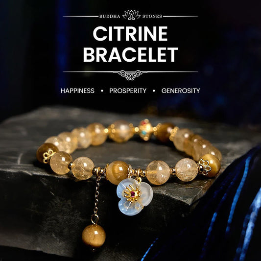 Wear FengShui Citrine Tiger Eye Flower Charm Generosity Bracelet