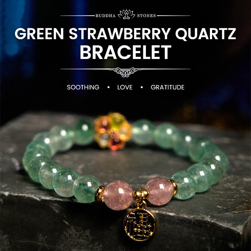 Wear FengShui Natural Green Strawberry Quartz Soothing Fu Character Bracelet