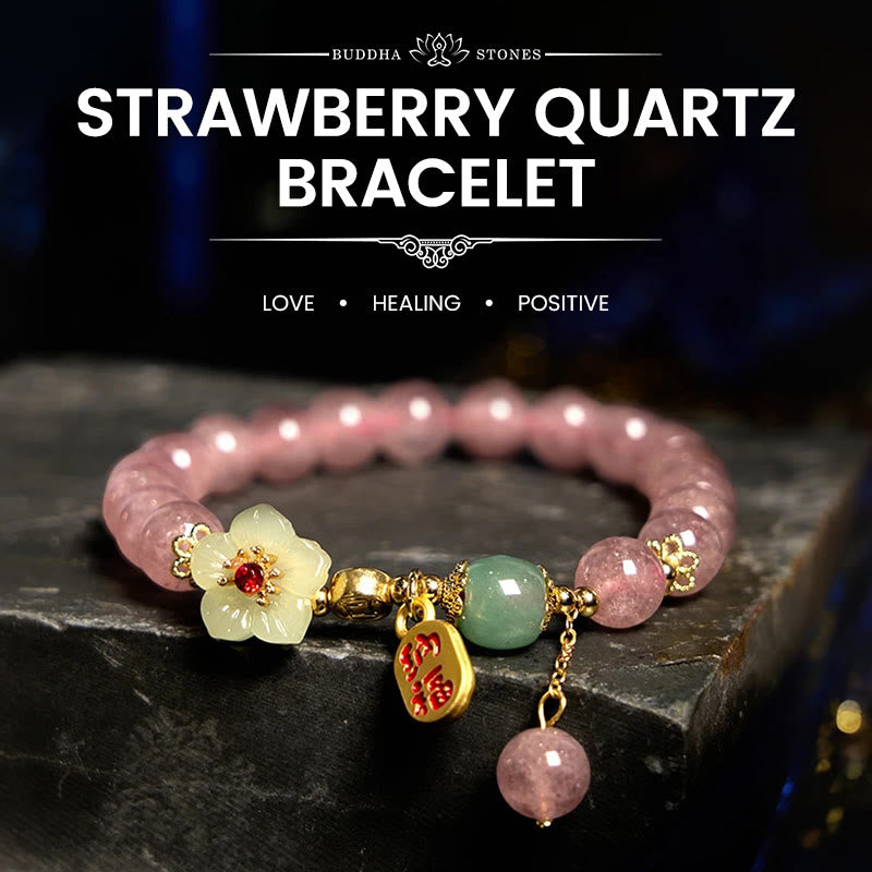 Wear FengShui Natural Strawberry Quartz Blossom Fu Character Positivity Healing Bracelet