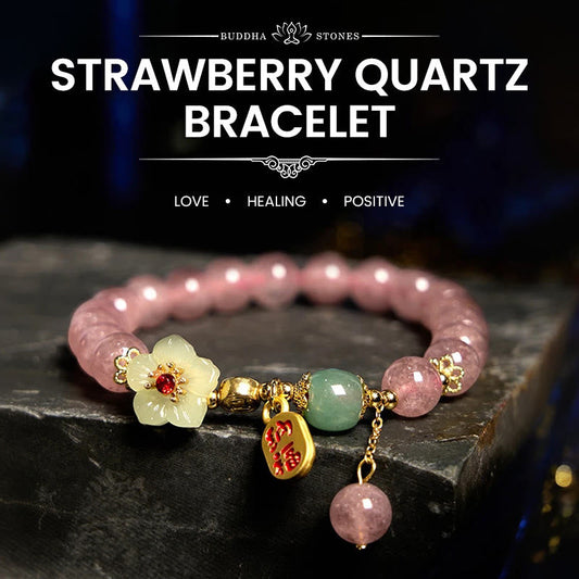 Wear FengShui Natural Strawberry Quartz Blossom Fu Character Positivity Healing Bracelet