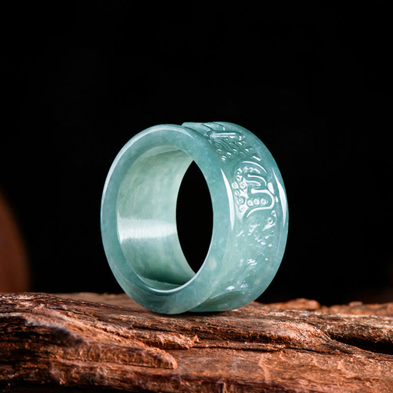 Wear FengShui Natural Jade Om Mani Padme Hum Carved Prosperity Ring