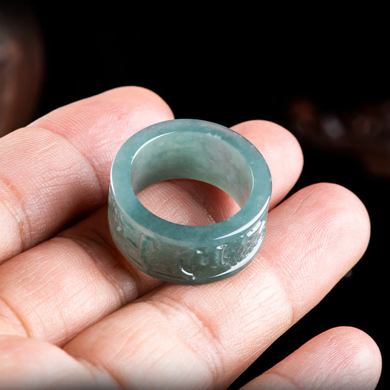 Wear FengShui Natural Jade Om Mani Padme Hum Carved Prosperity Ring