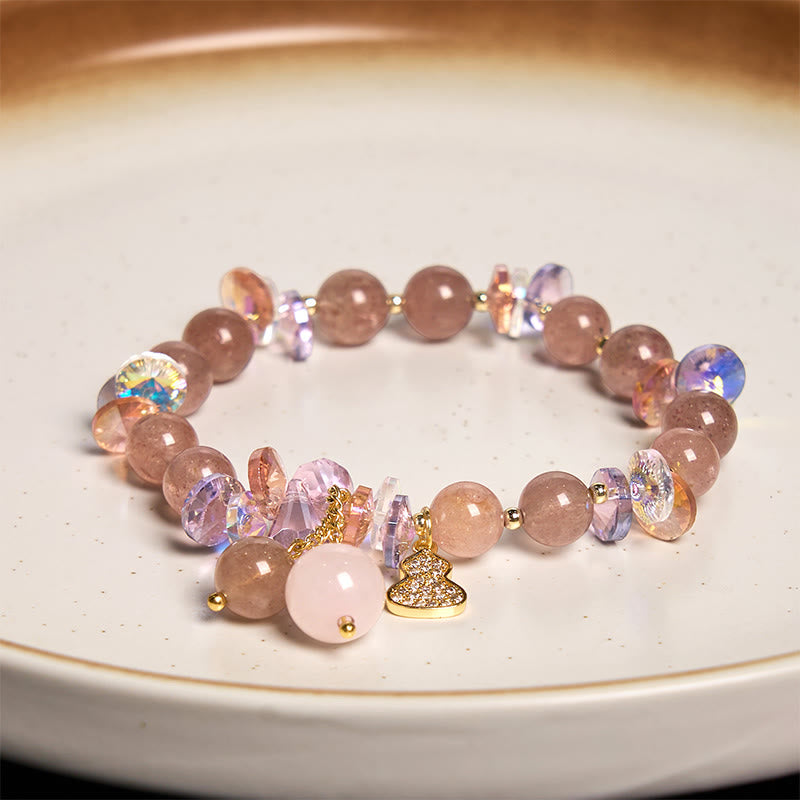 Wear FengShui Strawberry Quartz Crystal Gourd Positive Bracelet