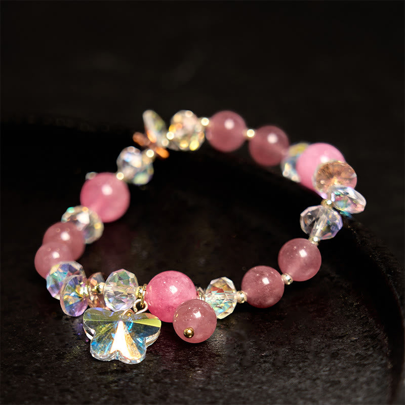 Wear FengShui Strawberry Quartz White Crystal Pink Crystal Butterfly Love Bracelet