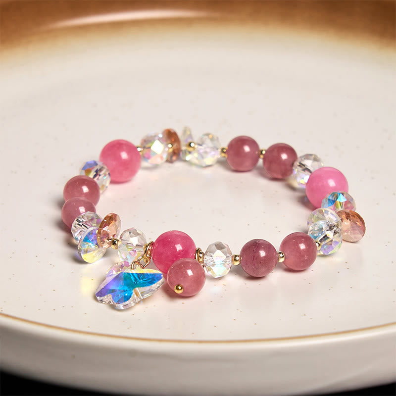 Wear FengShui Strawberry Quartz White Crystal Pink Crystal Butterfly Love Bracelet