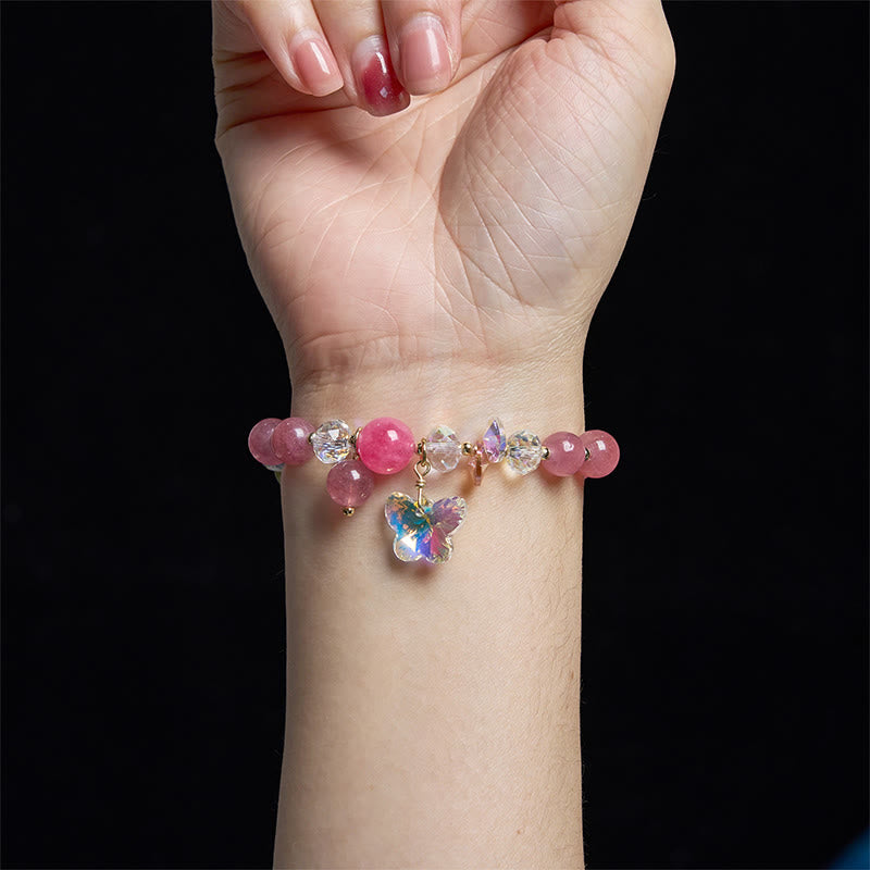 Wear FengShui Strawberry Quartz White Crystal Pink Crystal Butterfly Love Bracelet