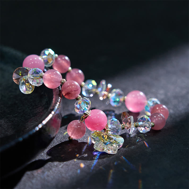 Wear FengShui Strawberry Quartz White Crystal Pink Crystal Butterfly Love Bracelet