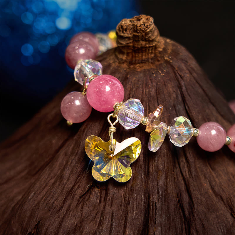 Wear FengShui Strawberry Quartz White Crystal Pink Crystal Butterfly Love Bracelet