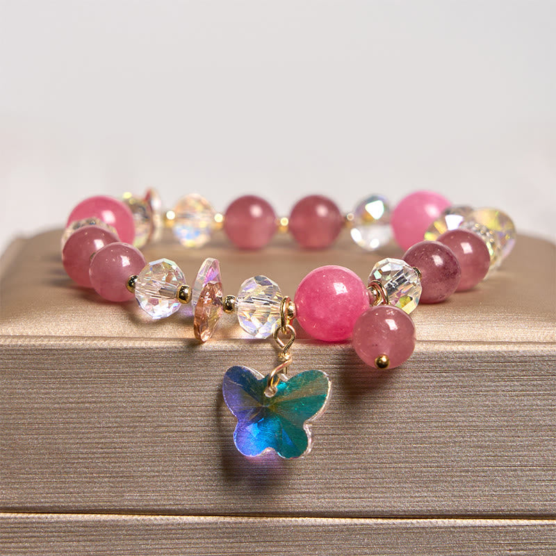 Wear FengShui Strawberry Quartz White Crystal Pink Crystal Butterfly Love Bracelet