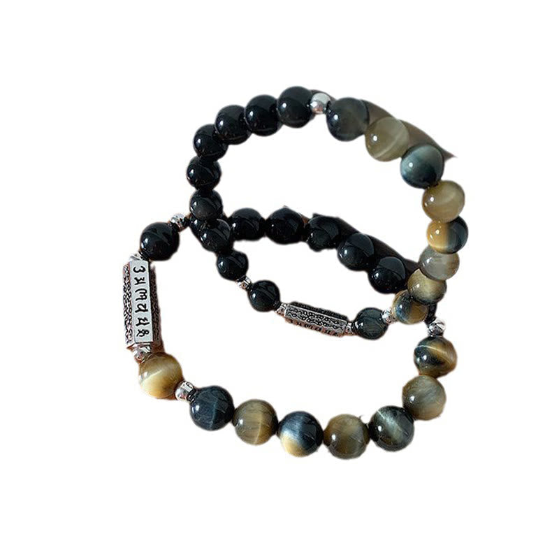 Wear FengShui Natural Black Obsidian Tiger's Eye Six True Words 'om Mani Padme Hum' Strength Love Bracelet