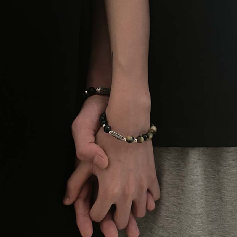 Wear FengShui Natural Black Obsidian Tiger's Eye Six True Words 'om Mani Padme Hum' Strength Love Bracelet