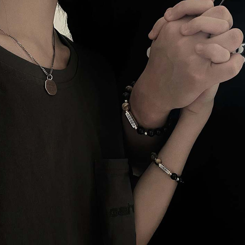 Wear FengShui Natural Black Obsidian Tiger's Eye Six True Words 'om Mani Padme Hum' Strength Love Bracelet