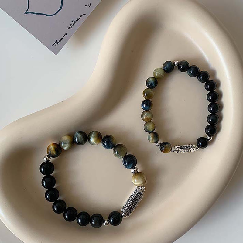 Wear FengShui Natural Black Obsidian Tiger's Eye Six True Words 'om Mani Padme Hum' Strength Love Bracelet