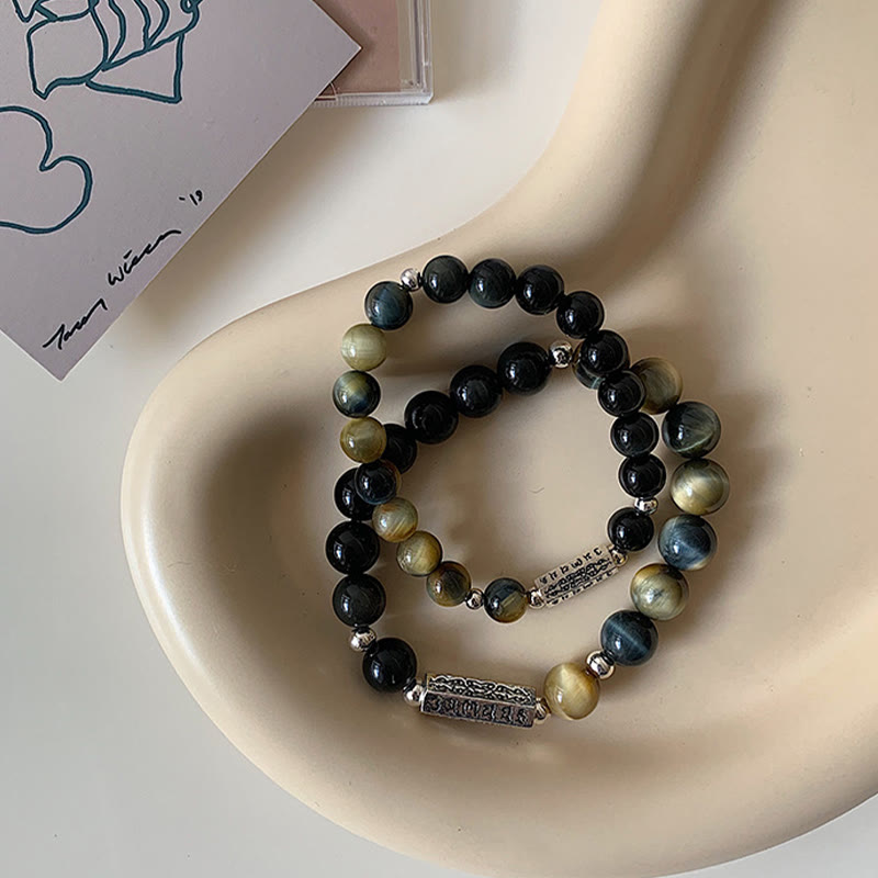 Wear FengShui Natural Black Obsidian Tiger's Eye Six True Words 'om Mani Padme Hum' Strength Love Bracelet