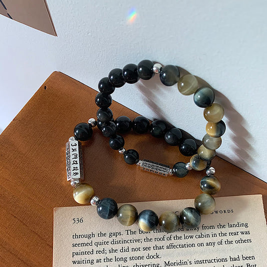 Wear FengShui Natural Black Obsidian Tiger's Eye Six True Words 'om Mani Padme Hum' Strength Love Bracelet