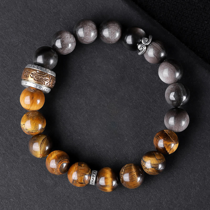 Wear FengShui Natural Silver Sheen Obsidian Tiger's Eye Six True Words 'Om Mani Padme Hum' Strength Bracelet