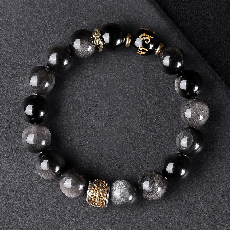 Wear FengShui Natural Silver Sheen Obsidian Tiger's Eye Six True Words 'Om Mani Padme Hum' Strength Bracelet