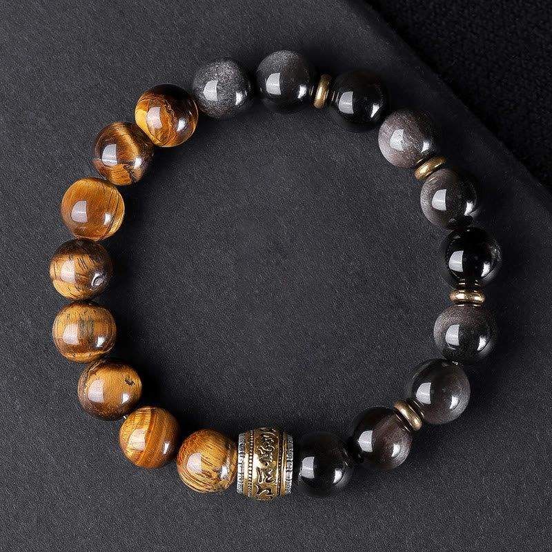 Wear FengShui Natural Silver Sheen Obsidian Tiger's Eye Six True Words 'Om Mani Padme Hum' Strength Bracelet