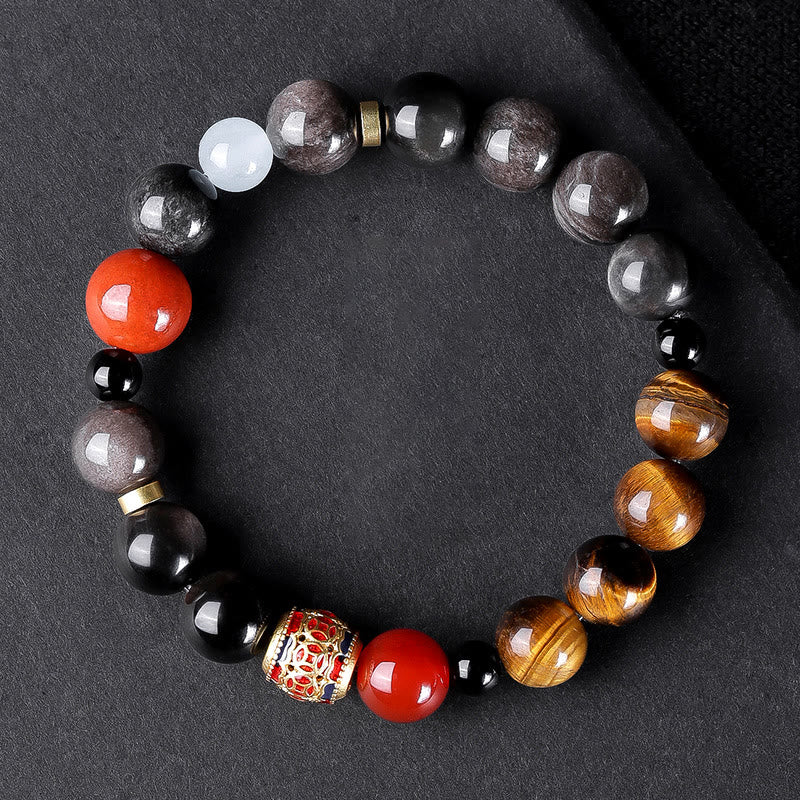 Wear FengShui Natural Silver Sheen Obsidian Tiger's Eye Six True Words 'Om Mani Padme Hum' Strength Bracelet