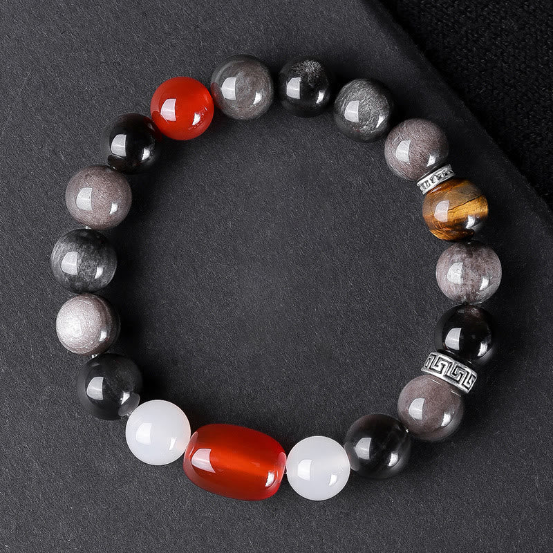 Wear FengShui Natural Silver Sheen Obsidian Tiger's Eye Six True Words 'Om Mani Padme Hum' Strength Bracelet