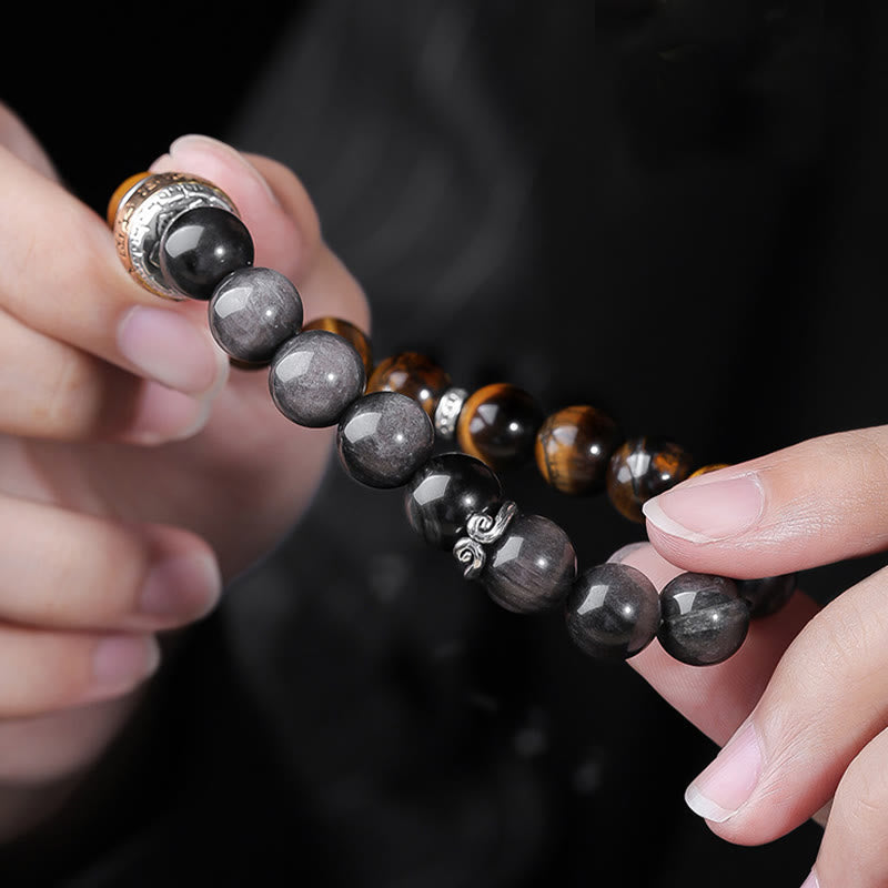 Wear FengShui Natural Silver Sheen Obsidian Tiger's Eye Six True Words 'Om Mani Padme Hum' Strength Bracelet